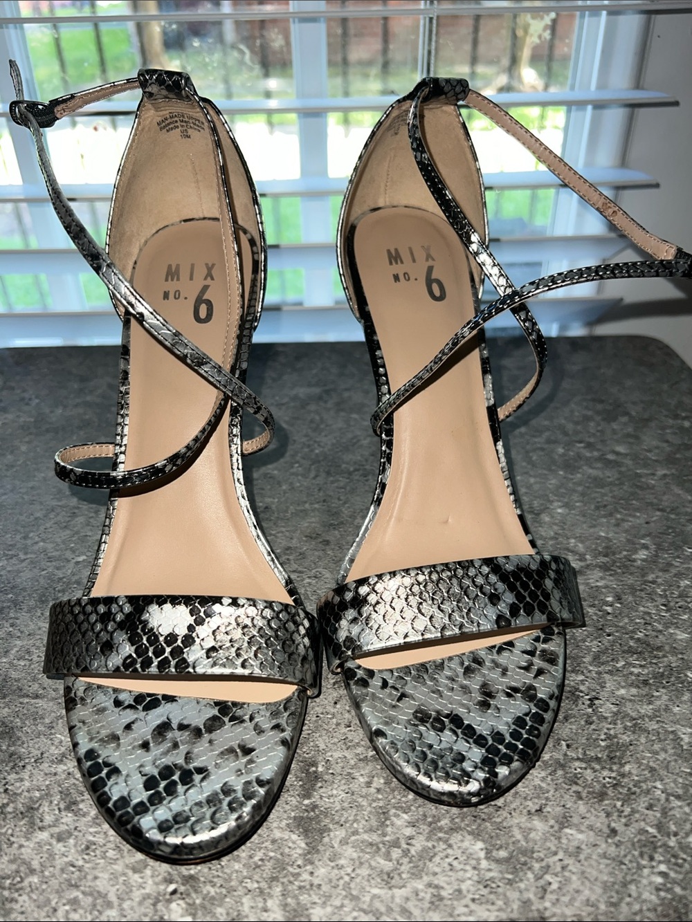 Mix No. 6 Black and White Snake-Print Strappy Heels